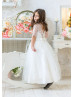 Elbow Sleeve Ivory Lace Tulle Floor Length Flower Girl Dress
